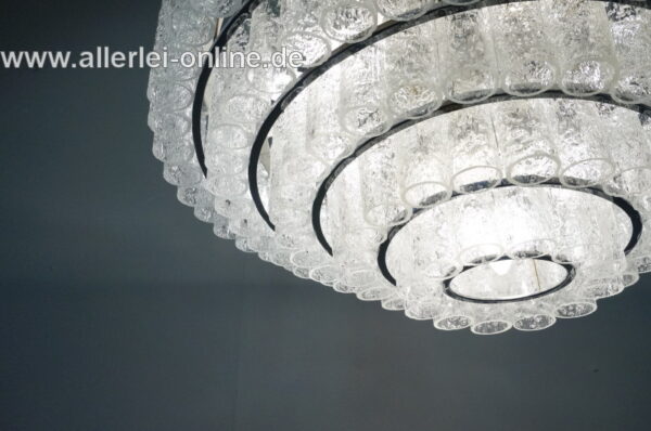 DORIA Leuchten | Deutscher 5-stufiger Eisglas Kronleuchter | 150 Glasröhren | 16 x e14 Fassung | Vintage 60er