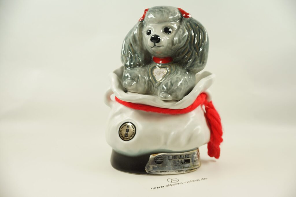 JIM BEAM Whiskey Porzellan Decanter | " Tiffiny " Hund / Pudel | Vintage Leer-Flasche von 1973