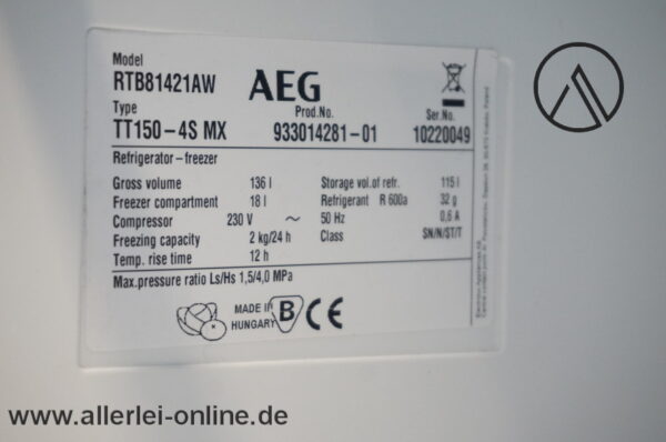 AEG Kühlschrank mit Gefrierfach | RTB8142AW | 136 Liter | 85 x 60 cm