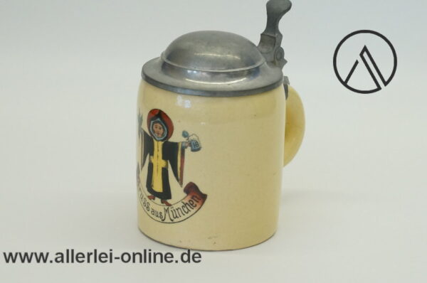 Alter kleiner Bierkrug / Deckelkrug | Münchner Kindl | Miniatur Krug mit Zinndeckel