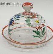 Herrliche Alte Glas Butterglocke / Käseglocke mit Blumendekor Emaille Bemalt / Emaillemalerei