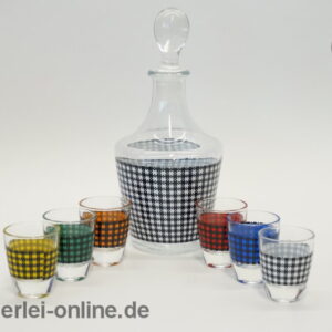 Glas Karaffe | Vintage Likör / Schnaps Dekanter mit 6 Gläsern | 50er Jahre Pepita Dekor | Made in France