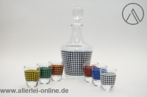 Vintage Glas Karaffe | Vintage Likör / Schnaps Dekanter mit 6 Gläsern | 50er Jahre Pepita Dekor | Made in France