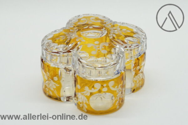 Josephinenhütte Glas Dose - Schmuckdose | Floral geschliffen | klar-orange / Bernstein | Vintage Bonbonniere - Deckeldose