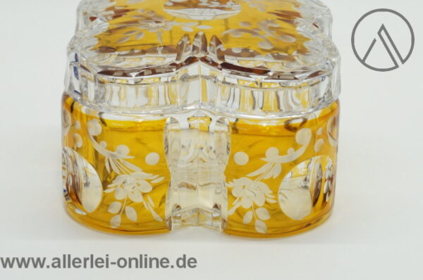 Josephinenhütte Glas Dose - Schmuckdose | Floral geschliffen | klar-orange / Bernstein | Vintage Bonbonniere - Deckeldose 2