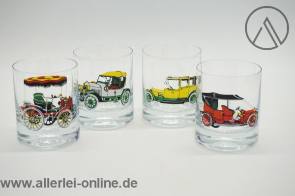 4 Stück Whisky Gläser mit Oldtimer | Oldtimermotiv | Vintage 70er Jahre | 7,5 cm