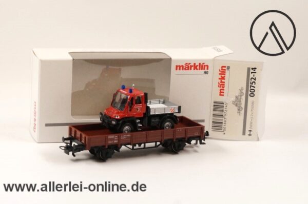 Märklin Spur H0 | 00752-14 Niederbordwagen mit MB Unimog Feuerwehr | Bahnfeuerwehr Güterwagen mit OVP