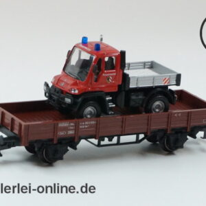 Märklin Spur H0 | 00752-14 Niederbordwagen mit MB Unimog Feuerwehr | Bahnfeuerwehr Güterwagen in OVP