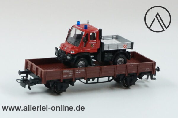 Märklin Spur H0 | 00752-14 Niederbordwagen mit MB Unimog Feuerwehr | Bahnfeuerwehr Güterwagen in OVP