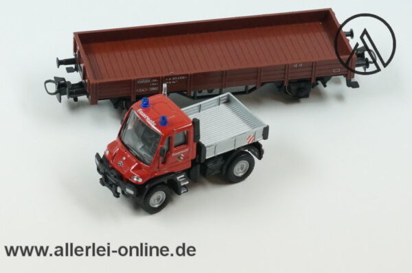 Märklin Spur H0 | 00752-14 Niederbordwagen mit MB Unimog Feuerwehr | Bahnfeuerwehr Güterwagen OVP