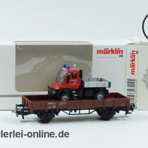 Märklin Spur H0 | 00752-14 Niederbordwagen mit MB Unimog Feuerwehr | Bahnfeuerwehr Güterwagen OVP