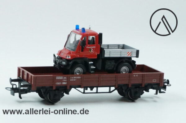 Märklin Spur H0 | 00752-14 Niederbordwagen mit MB Unimog Feuerwehr | Bahnfeuerwehr Güterwagen mit OVP