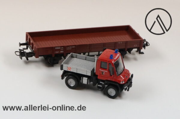 Märklin Spur H0 | 00752-14 Niederbordwagen mit MB Unimog Feuerwehr | Bahnfeuerwehr Güterwagen