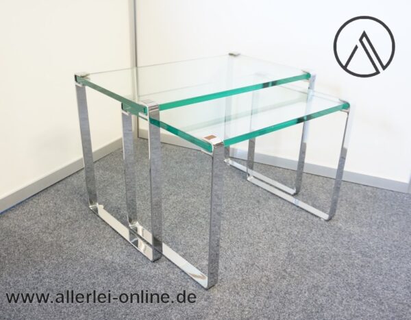 Draenert 1022 Glas-Tisch | Chrom Flachstahl Couchtisch mit Glasplatte | 70x40 cm | Vintage 60-70er Jahre Design