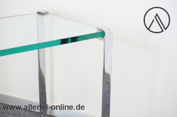 Draenert 1022 Glas-Tisch | Chrom Flachstahl Couchtisch mit Glasplatte | 70x40 cm | Vintage 70er Jahre Design