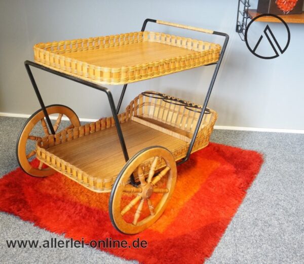 Servierwagen | Teewagen | Metall mit Korbgeflecht | Vintage Mid Century Barwagen