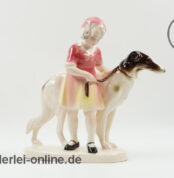 Mädchen mit Barsoi Windhund an der Leine | Hertwig & Co Figur | Steingutfigur um 1930