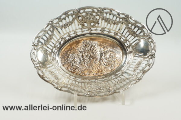 Ovale 835er Silber Durchbruchschale | Silberschale mit Putten | Engel Dekor | Punze Halbmond + Krone