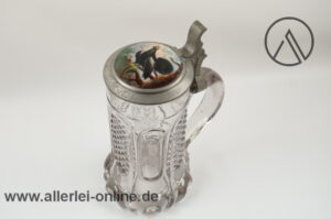 G. Staub Lohr am Main Reichszinn Krug | Glaskrug mit Zinndeckel und Auerhahn Porzellanbild