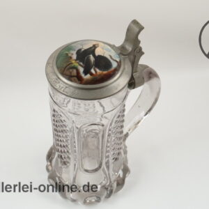 G. Staub Lohr am Main Reichszinn Krug | Glaskrug mit Zinndeckel und Auerhahn Porzellanbild