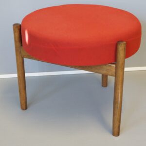 Runder Dreibein Hocker / Sitzhocker - Holz mit Polsterauflage, rot 60-70er Jahre