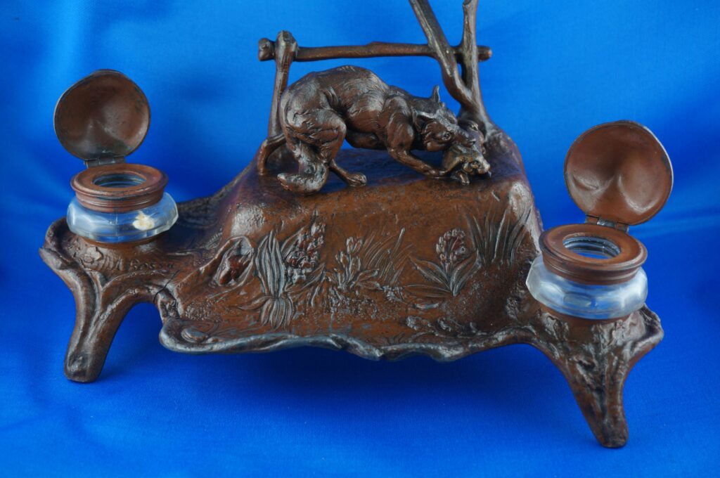 Antike Jugendstil A. Bossu Schreibtischgarnitur / Schreibtischset mit Tintenfass