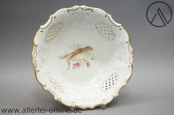 PIRKENHAMMER Porzellan Schale | Zierschale mit Vogel Motiv | Durchbrucharbeit | Goldrand 23,5 cm mit Originalkarton