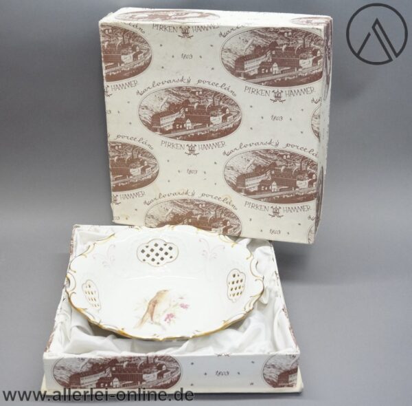 PIRKENHAMMER Porzellan Schale | Zierschale mit Vogel Motiv | Durchbrucharbeit | Goldrand 23,5 cm mit Originalkarton 3