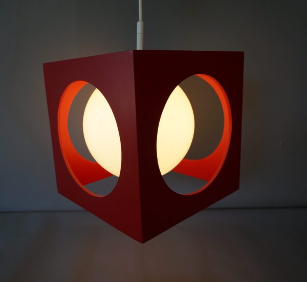 70er Jahre Kugellampe Würfel / Cube Hängeleuchte , rot-1