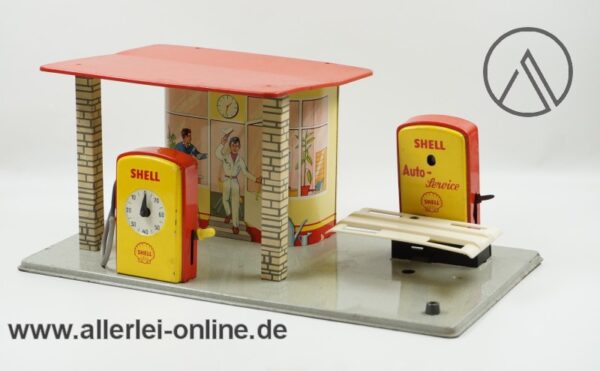 GAMA Shell Tankstelle | Auto-Service No. 758 | mit Zapfstelle und Hebebühne | Blechspielzeug 60er Jahre