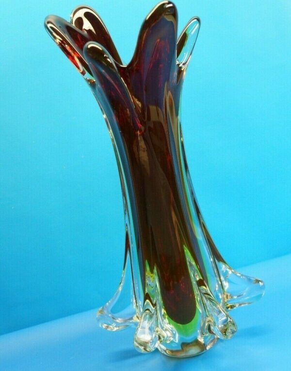 Glas Vase - Zipfelvase | 41 cm - 4,6 Kg | rot gelb | Vintage Glasvase ,wohl Murano Italien