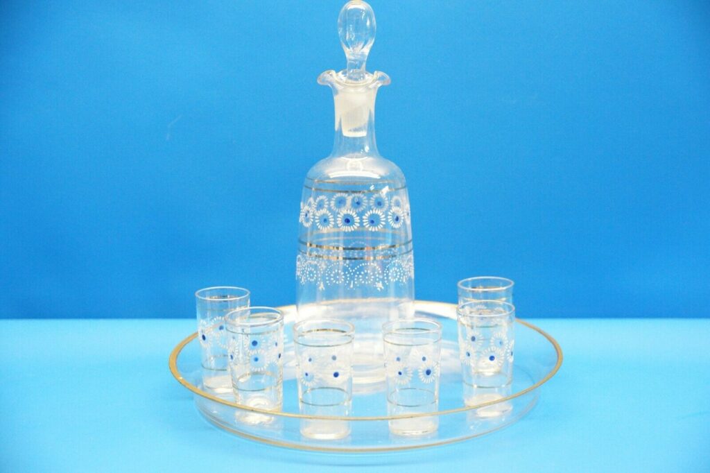 Antikes Jugendstil Likörservice | Karaffe / Dekanter mit 6 Gläsern & Tablett | Herrliche Emaille-Glasmalerei