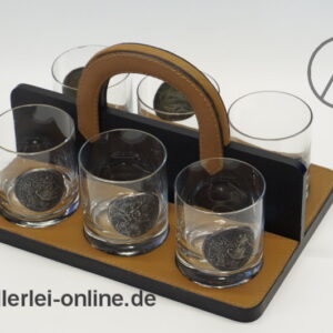 6 Stück RASTAL Whisky Gläser mit Zinnmünzen Helsinki | Trage Tablett | Vintage 70er Jahre | braun | 8cm