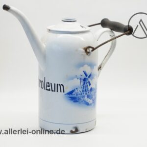 Vintage Petroleum Kanne | weißer Emaille mit schwarzer Schrift und blauen Hollandmotiv | Windmühle