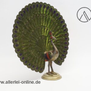 Pfau aus Messing | Vintage geätzter und bemalter Pfauenvogel