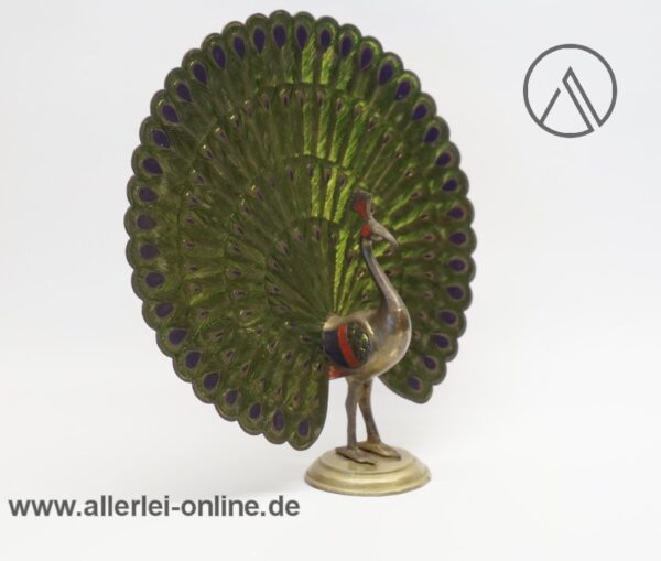 Pfau aus Messing | Vintage geätzter und bemalter Pfauenvogel