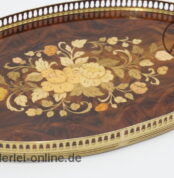 Trage-Tablett | Handarbeit - Holz Tablett | Messing Rahmen mit Floralen Intarsien | Vintage