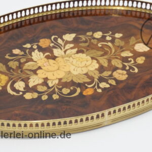 Trage-Tablett | Handarbeit - Holz Tablett | Messing Rahmen mit Floralen Intarsien | Vintage