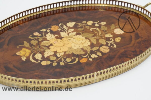 Trage-Tablett | Handarbeit - Holz Tablett | Messing Rahmen mit Floralen Intarsien | Vintage