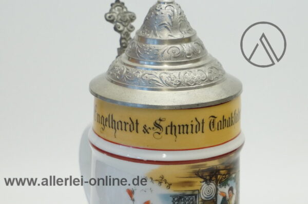 Antik Bierkrug mit Zinndeckel | Engelhardt & Schmidt Tabakfabrik Nürnberg Krug | Boden mit Lithophanie