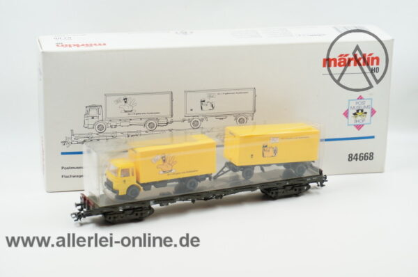 Märklin H0 | 84668 Flachwagen Rs 680 mit Wiking MAN Post-Koffer Lastzug | Postmuseumswagen 1995 mit OVP