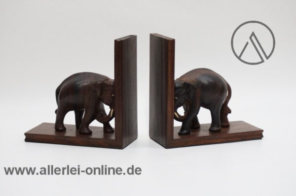 Elefanten Buchstützen Paar | Figürliche Tierfigur Edelholz Bücherhalter | 60s Mid Century Bookends