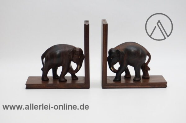 Vintage Elefanten Buchstützen Paar | Figürliche Tierfigur Edelholz Bücherhalter | 60s Mid Century Bookends