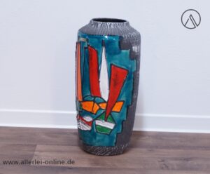 Scheurich Keramik Vase | Bodenvase 517 45 | Buntes Segelboot Dekor | Vintage Fat Lava Pottery