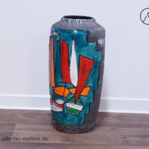 Scheurich Keramik Vase | Bodenvase 517 45 | Buntes Segelboot Dekor | Vintage Fat Lava Pottery