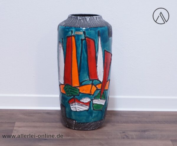 Scheurich Keramik Vase | Bodenvase 517 45 Segelboot Dekor | Vintage Fat Lava Pottery
