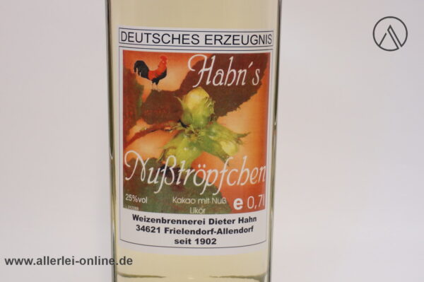 Hahns Nußtröpfchen | Kakao mit Nuß - Haselnuss Likör - 25% vol. - 0.7 Liter