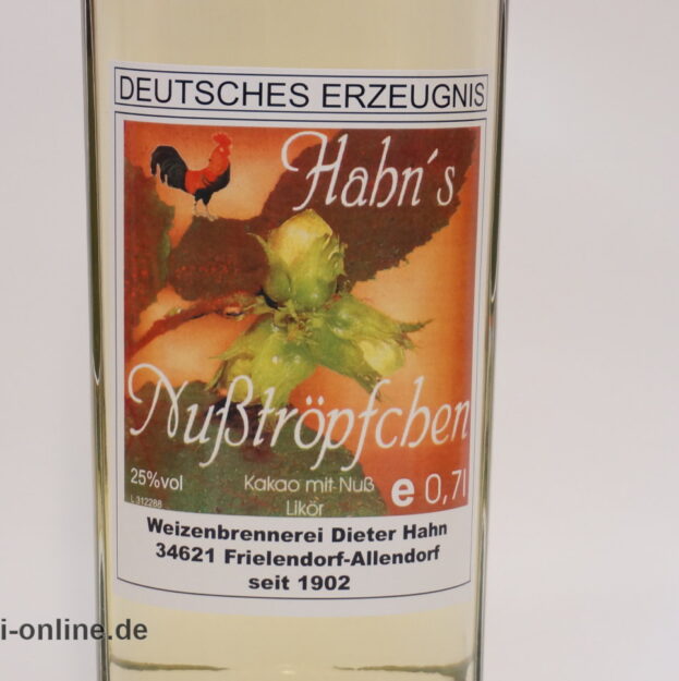 Hahns Nußtröpfchen | Kakao mit Nuß - Haselnuss Likör - 25% vol. - 0.7 Liter