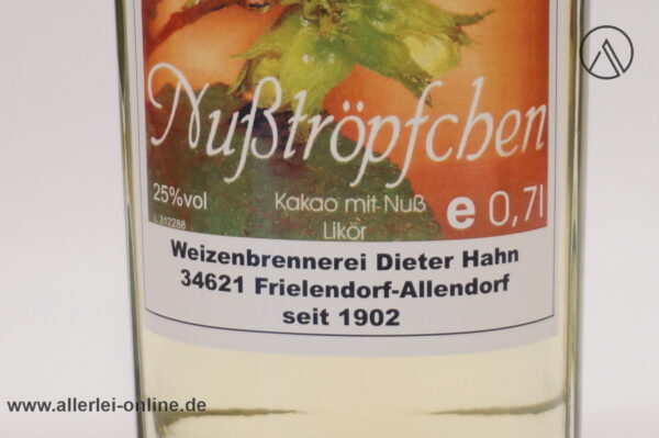 Weizenbrennerei Dieter Hahn Nußtröpfchen | Kakao mit Nuß - Haselnuss Likör - 25% vol. - 0.7 Liter
