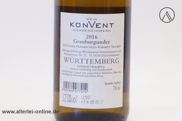 Cellarius Edition 2016 - Kabinett Grauburgunder ,trocken - 0,75 Liter Weinflasche